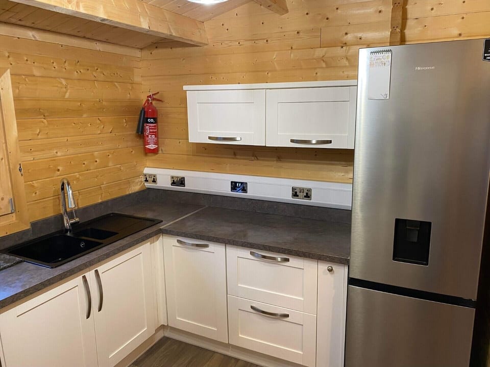 Cabin | Private kitchen | Fridge, microwave, oven, stovetop