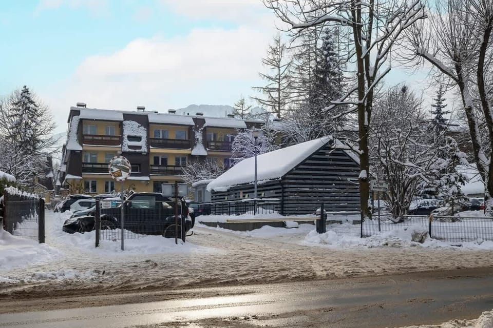 A winter street view with snow-covered trees and traditional buildings, reflecting a charming neighborhood vibe.

