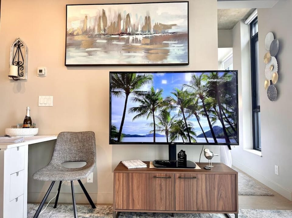 There`s actually two TV`s. The other one is wall mounted in the bedroom. Plenty of channels to choose from or you can log in to your subscriptions because they are both smart TV`s.