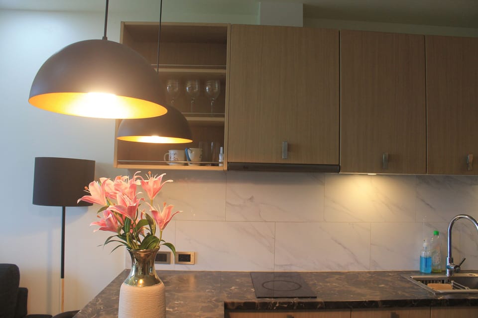 Fridge, microwave, stovetop, espresso maker