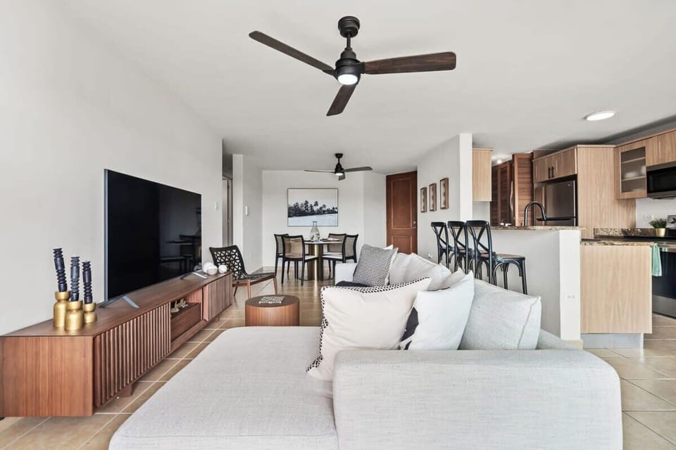 The living area, kitchen and dining.