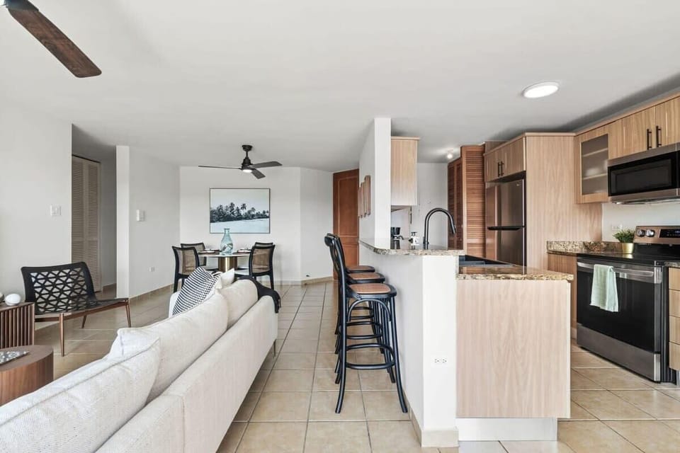 The living area, kitchen and dining.