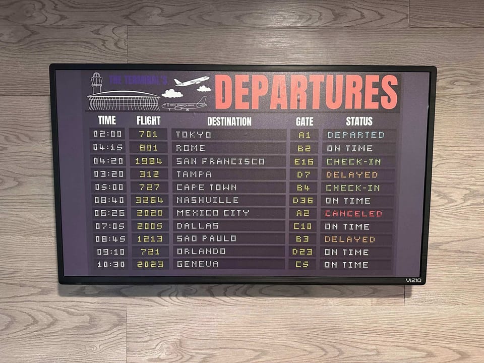 Our unique airplane schedule sign brings a quirky airport feel indoors, perfect for wanderlust-filled guests who love a touch of adventure.