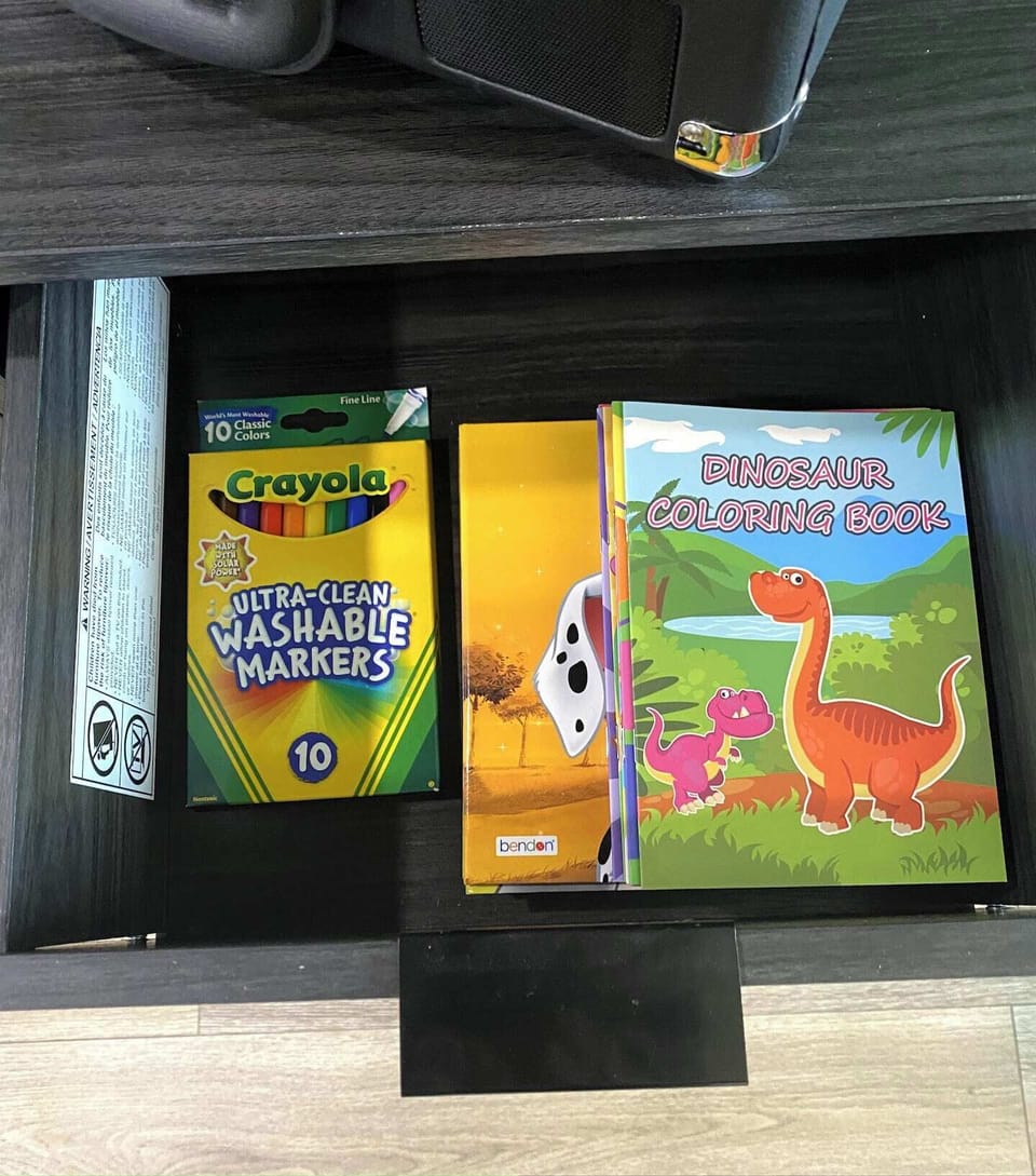 Feel free to use the kids reading and coloring books located under the record player. 