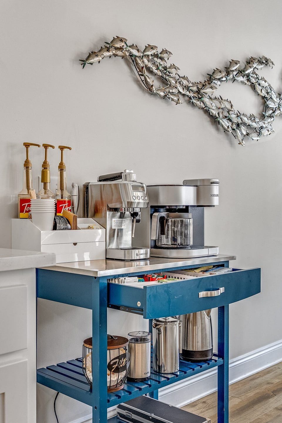 Coffee bar with espresso machine, Keurig Duo, Standard drip, French Press