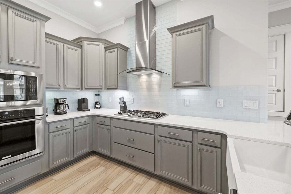 A stylish and functional kitchen with high-end appliances and plenty of counter space.