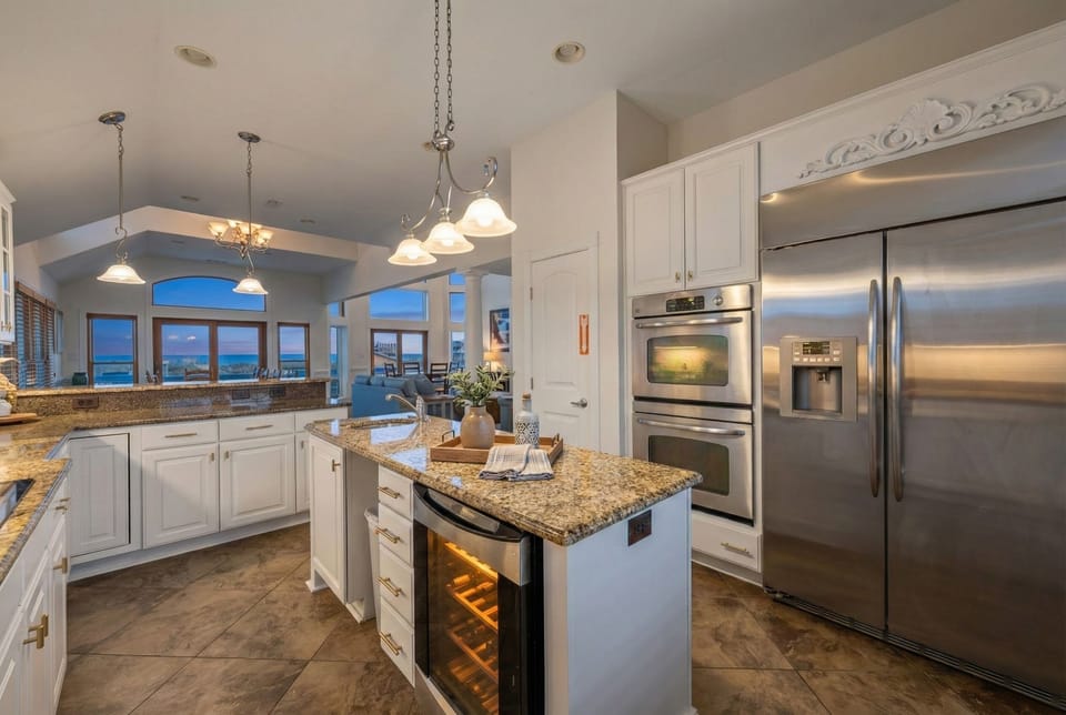 Full Kitchen Scale — Dual Refrigerators, Prep Island & Breakfast Nook | Angler's Retreat Oceanfront Estate, OBX