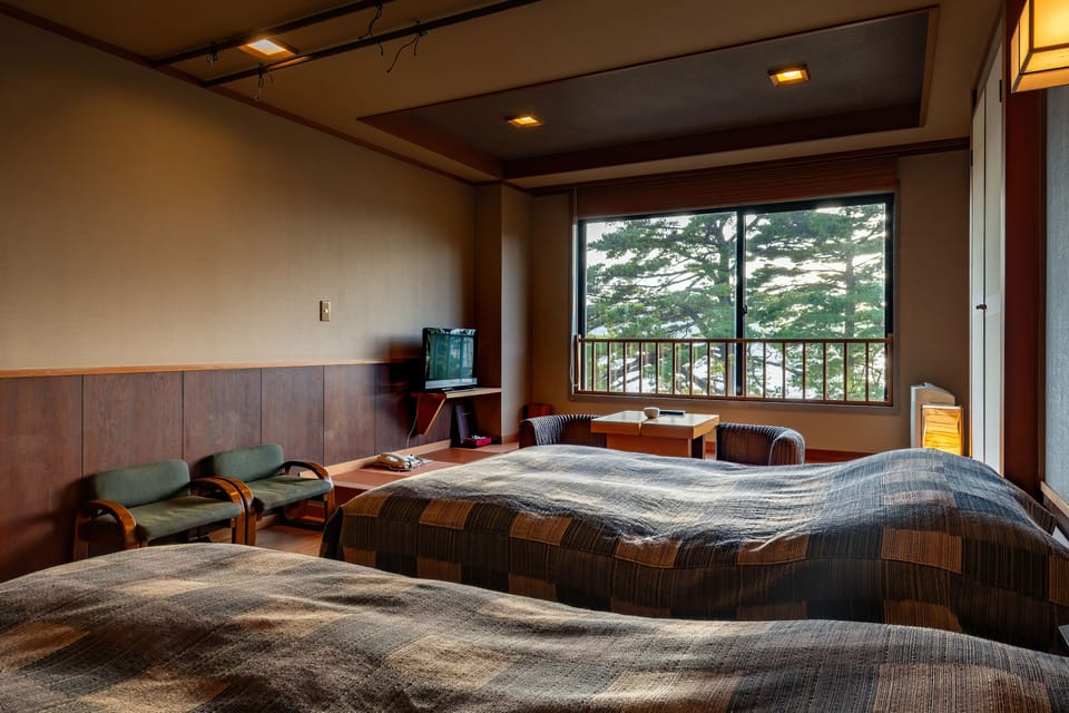 Lake Tazawa view Japanese/Western-style room with low bed twin,Non smorking | In-room safe, iron/ironing board (on request), WiFi (free), bed sheets
