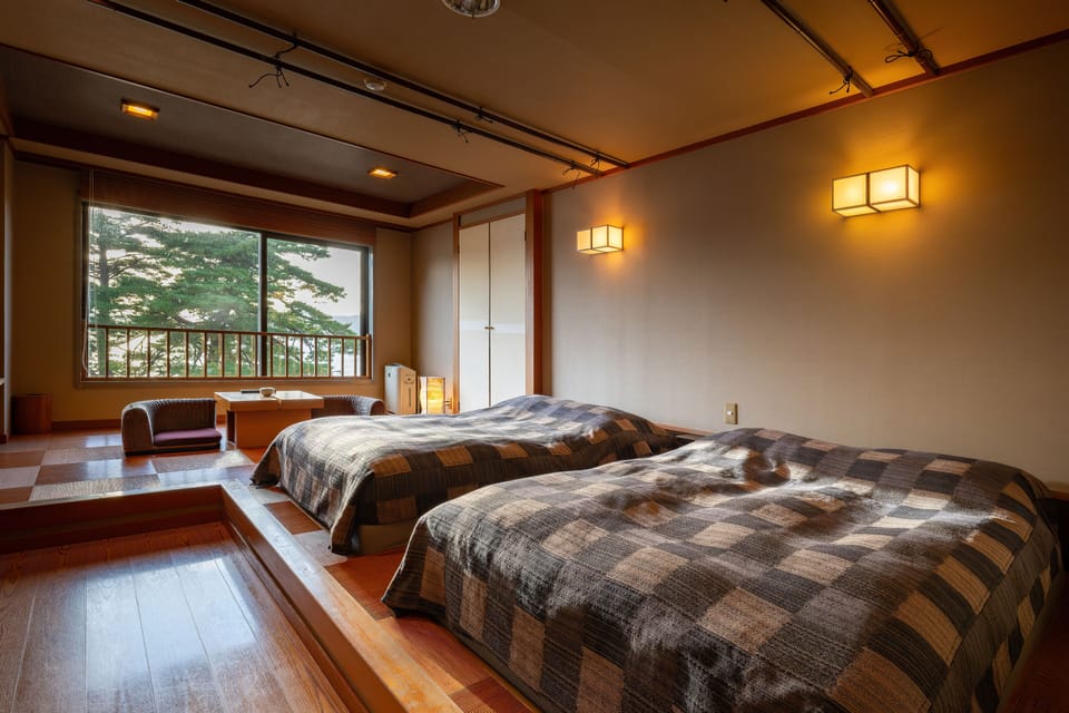 Lake Tazawa view Japanese/Western-style room with low bed twin,Non smorking | In-room safe, iron/ironing board (on request), WiFi (free), bed sheets