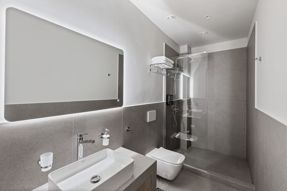 Shower, rainfall showerhead, hair dryer, slippers