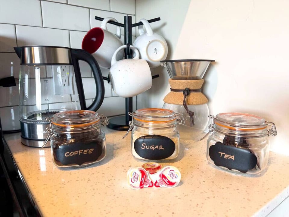 Local Brews, Perfect Mornings: Pour Over Coffee Station with Dawson Taylor Coffee, Cane Sugar, Tea, and Creamer for Your Delight! #CloudStays
