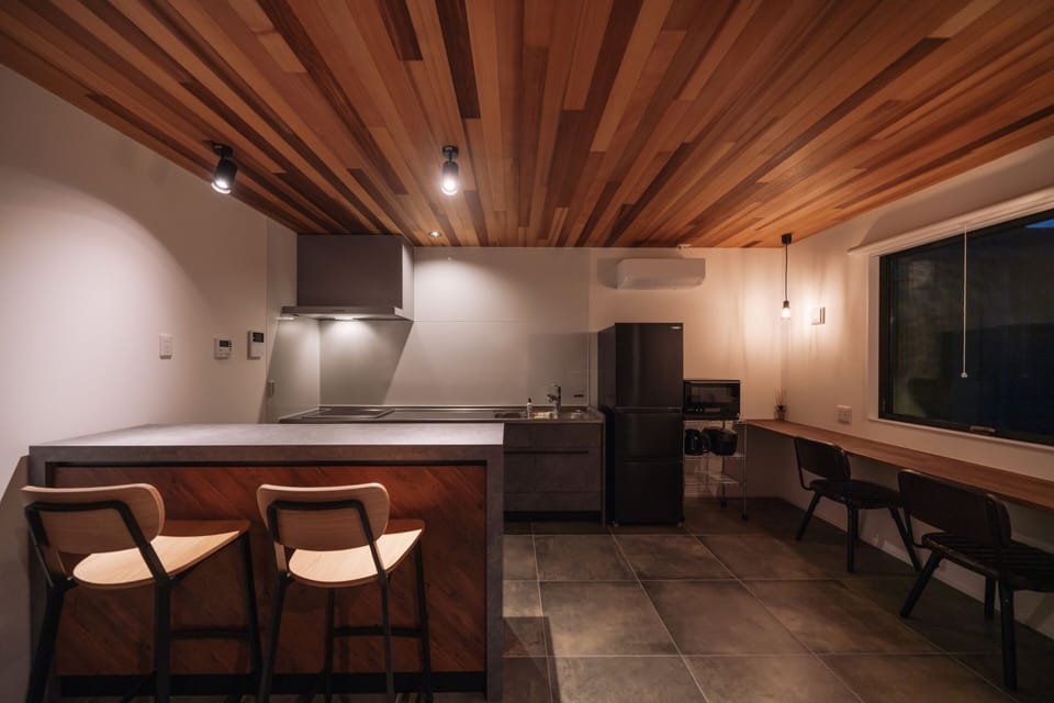 Deluxe Villa | Private kitchen | Full-size fridge, microwave, oven, stovetop