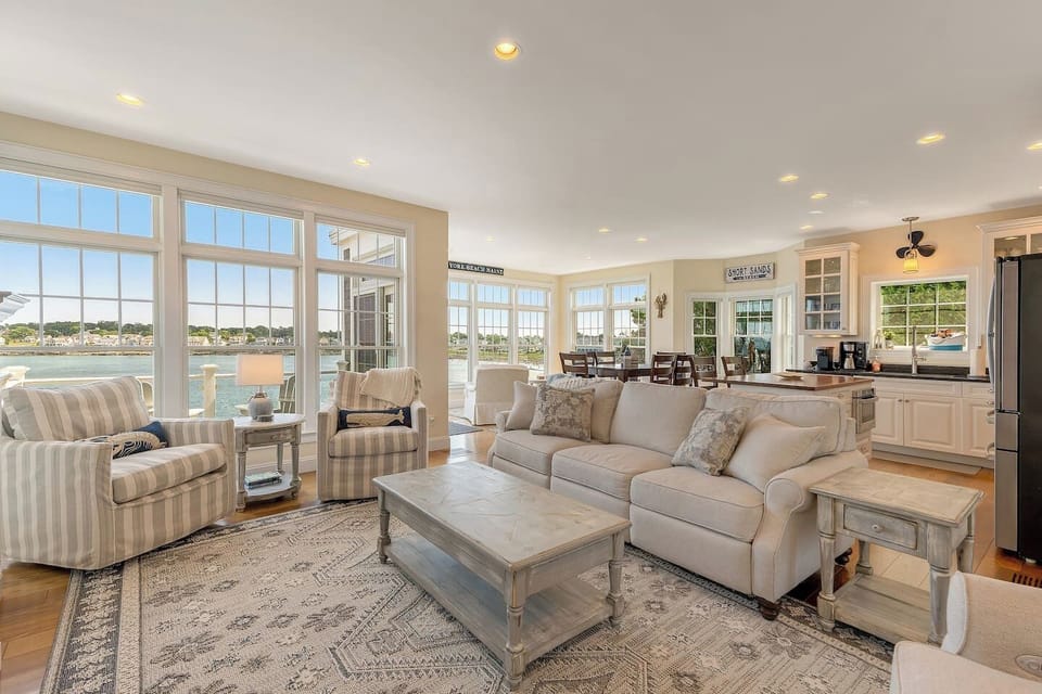 Main Level Great Room with Living, Dining, Kitchen & Sitting Area