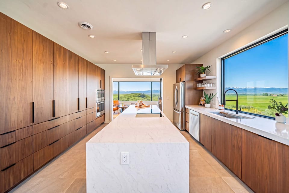 The spacious kitchen, looking south. 