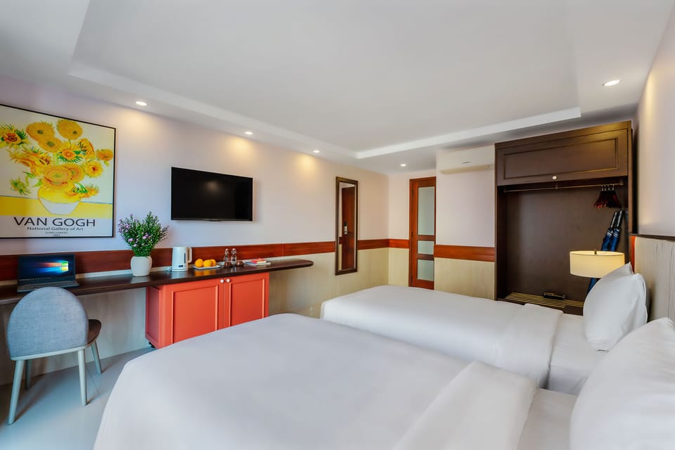 Minibar, desk, laptop workspace, blackout drapes