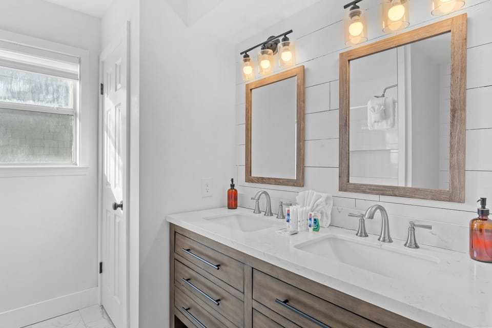 Remodeled Master Bathroom with dual vanities and walk in shower