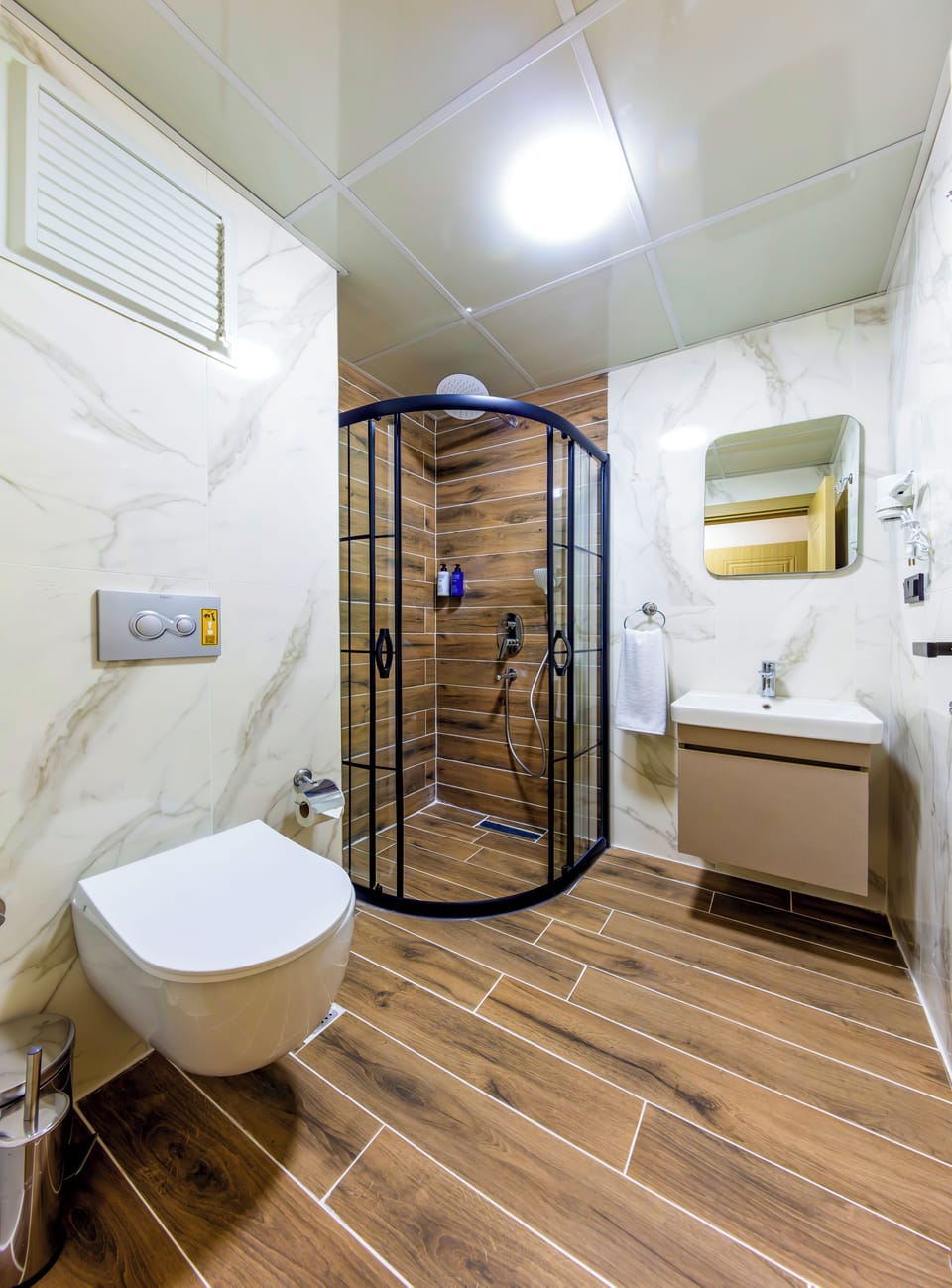 Shower, free toiletries, hair dryer, slippers