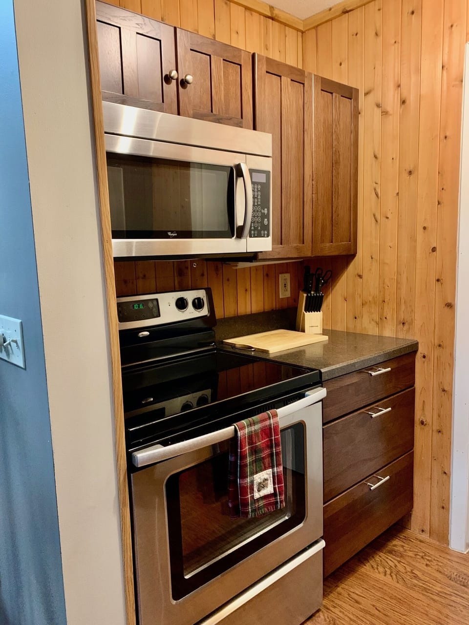 Kitchen area with appliances.