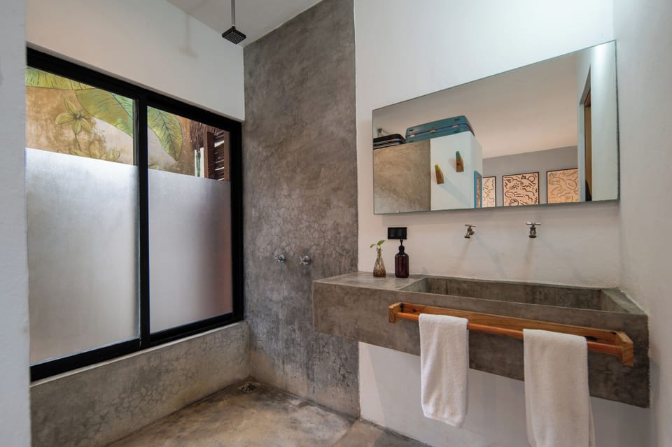 Shower, rainfall showerhead, hair dryer, towels