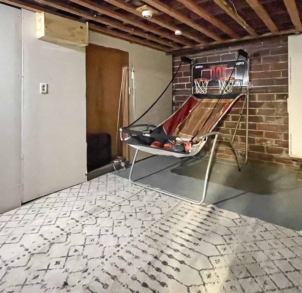 Basketball hoop in the basement