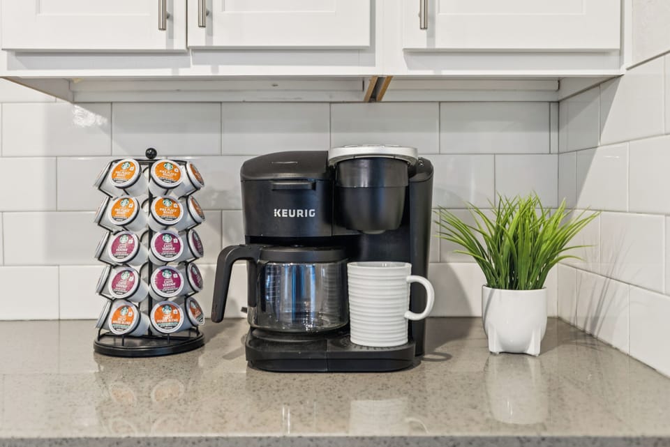 Coffee station with Keurig, classic pot, and pods provided