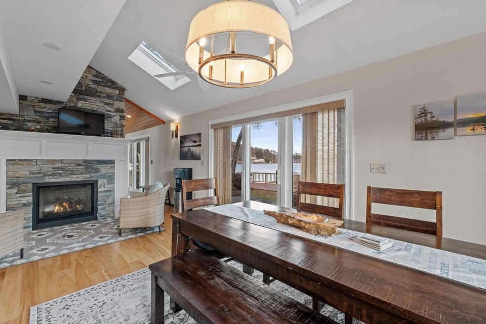 Kitchen with formal dining and seating by the fireplace
