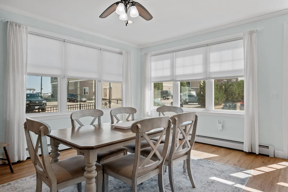Dining table seats six.