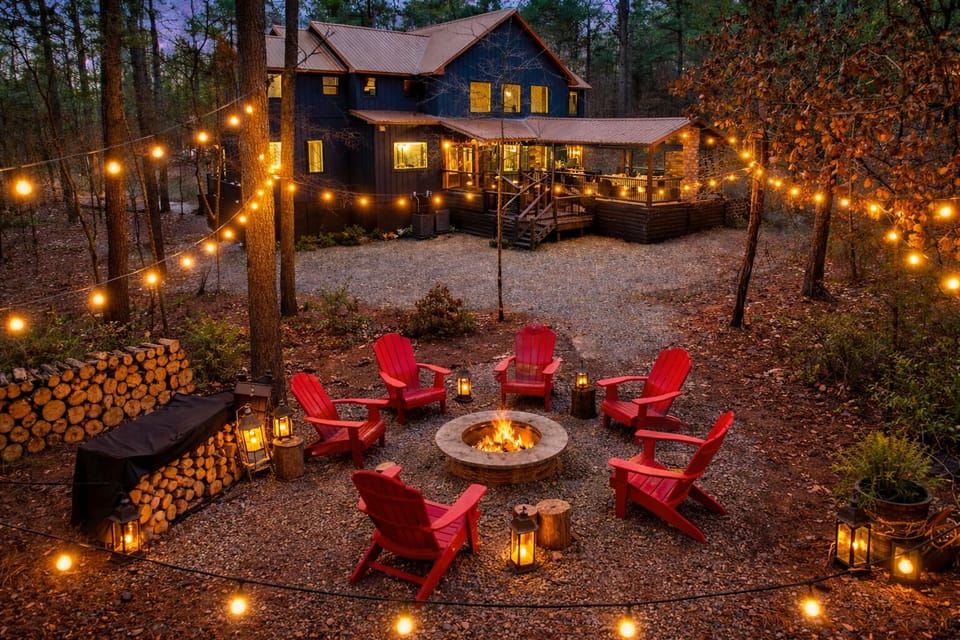 Cozy firepit nights under the string lights — guest favorite!