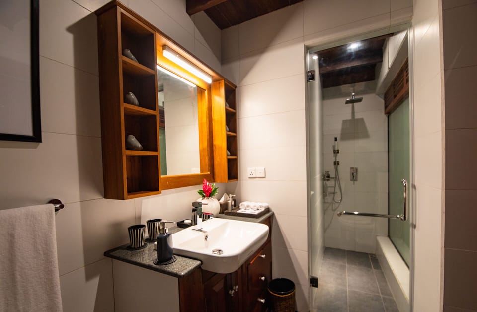 Shower, rainfall showerhead, free toiletries, hair dryer