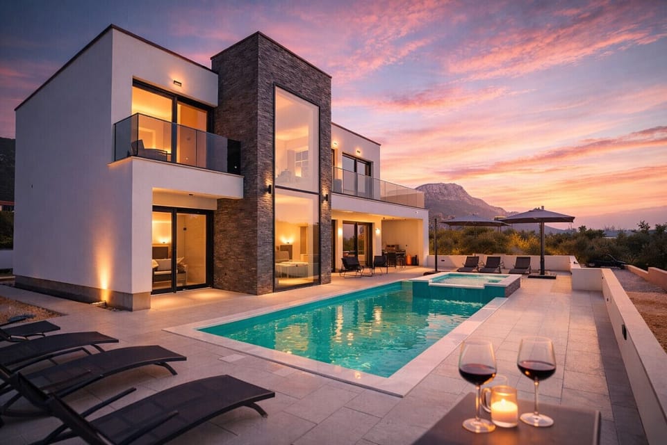 Large terrace with heated pool and jacuzzi. Mountain & sea view.