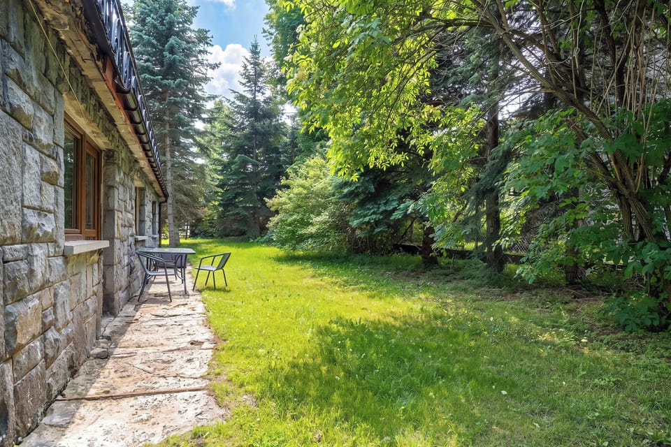 A sunny stone pathway borders a traditional stone and wood house. A large, lush green lawn is surrounded by mature evergreen trees.