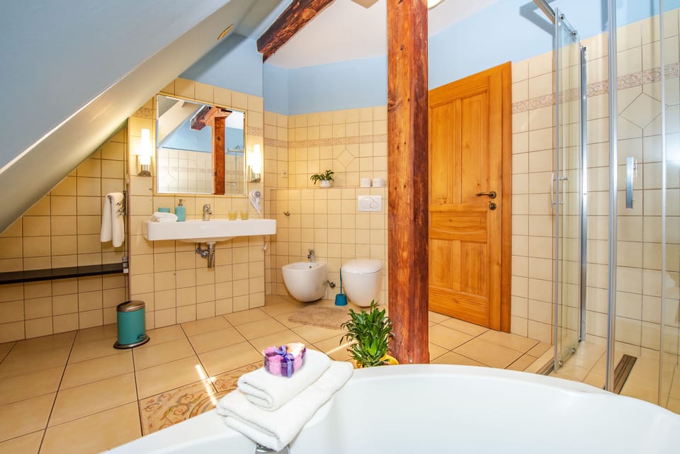 Superior Apartment, Multiple Beds, Kitchen, City View | Bathroom | Hair dryer, towels, soap, shampoo