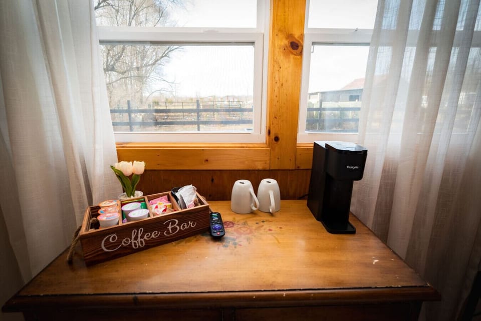 Wake up to sunshine and a fresh brew- our coffee bar is stocked and ready for your slow mornings on the farm.