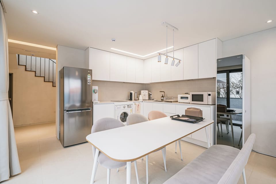 Fridge, microwave, oven, espresso maker