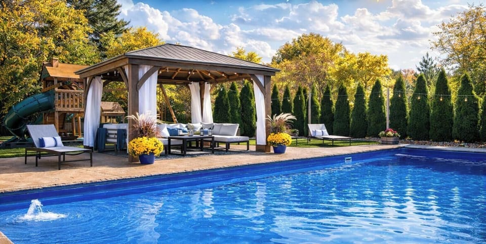 Outdoor oasis pool hot tub playground fireplace movie theater gym king beds 