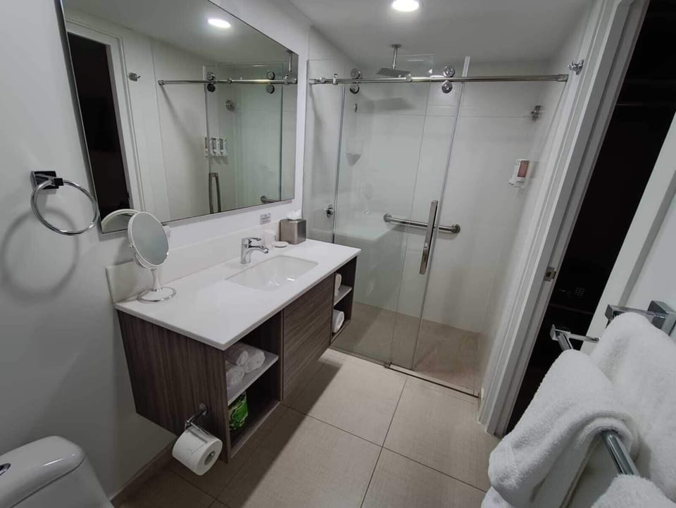 Shower, free toiletries, hair dryer, towels