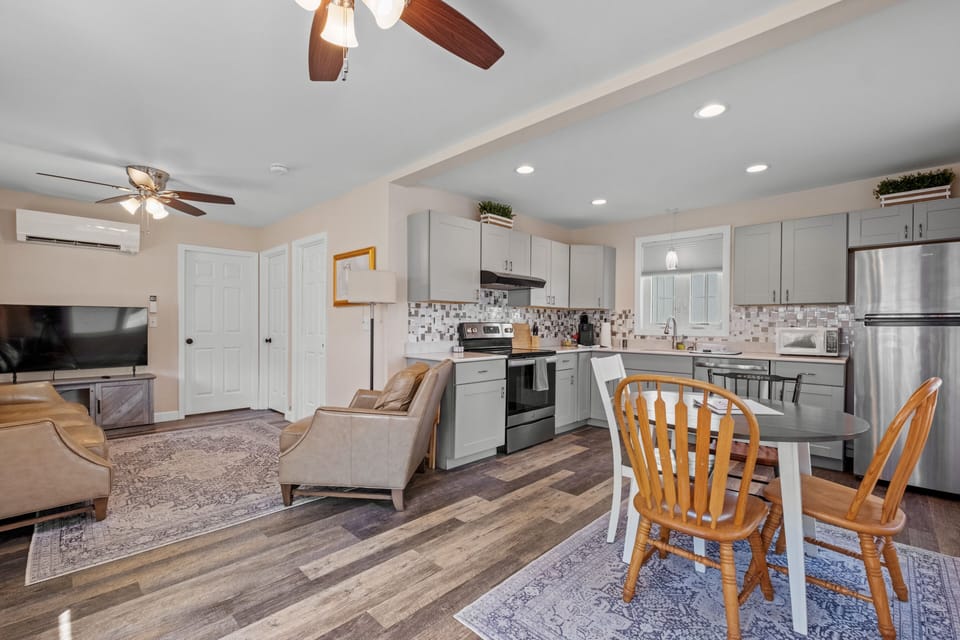 Spacious open living, dining and kitchen area.