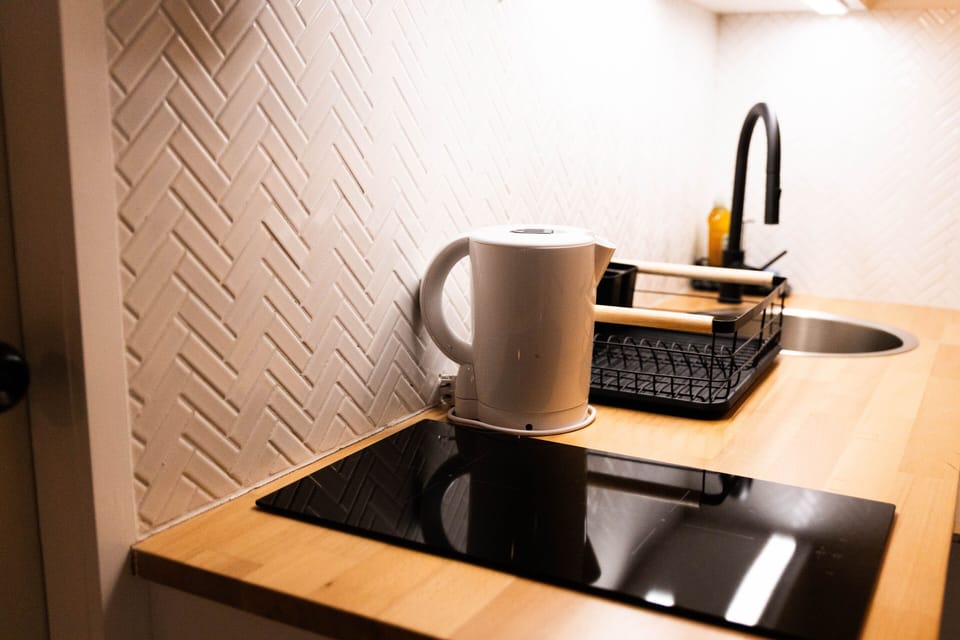 Kitchenette with hot plate and mini fridge/ freezer, kettle and a French press 