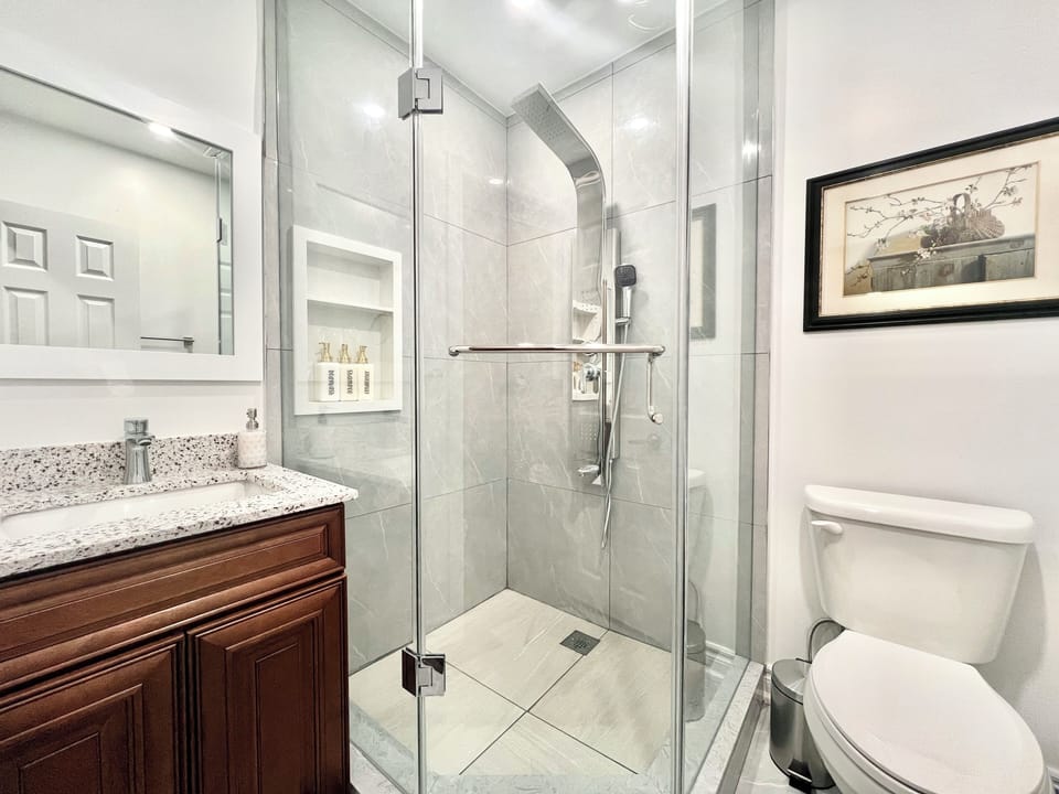 Deluxe Room, 1 Queen Bed, Private Bathroom | Bathroom | Shower, hydromassage showerhead, hair dryer, towels