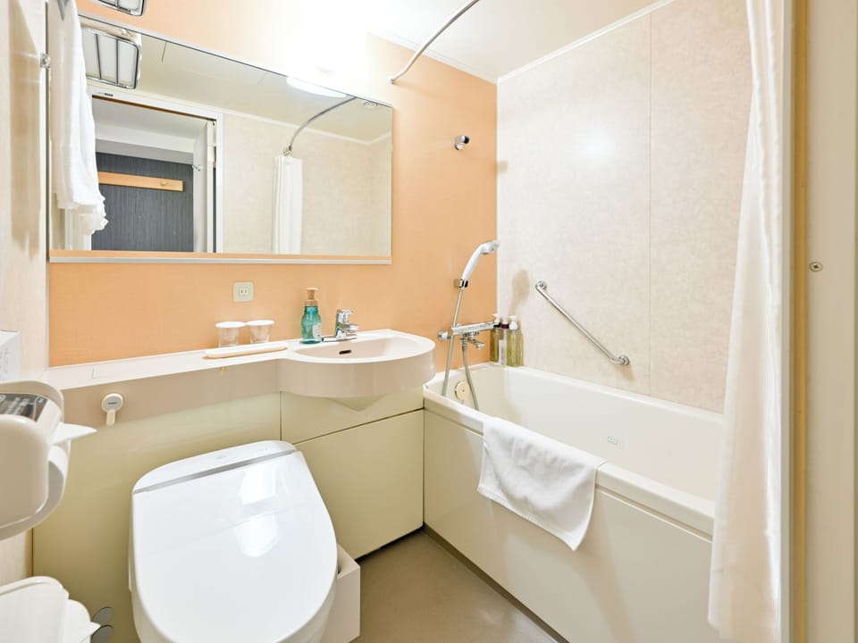 Combined shower/tub, free toiletries, hair dryer, slippers