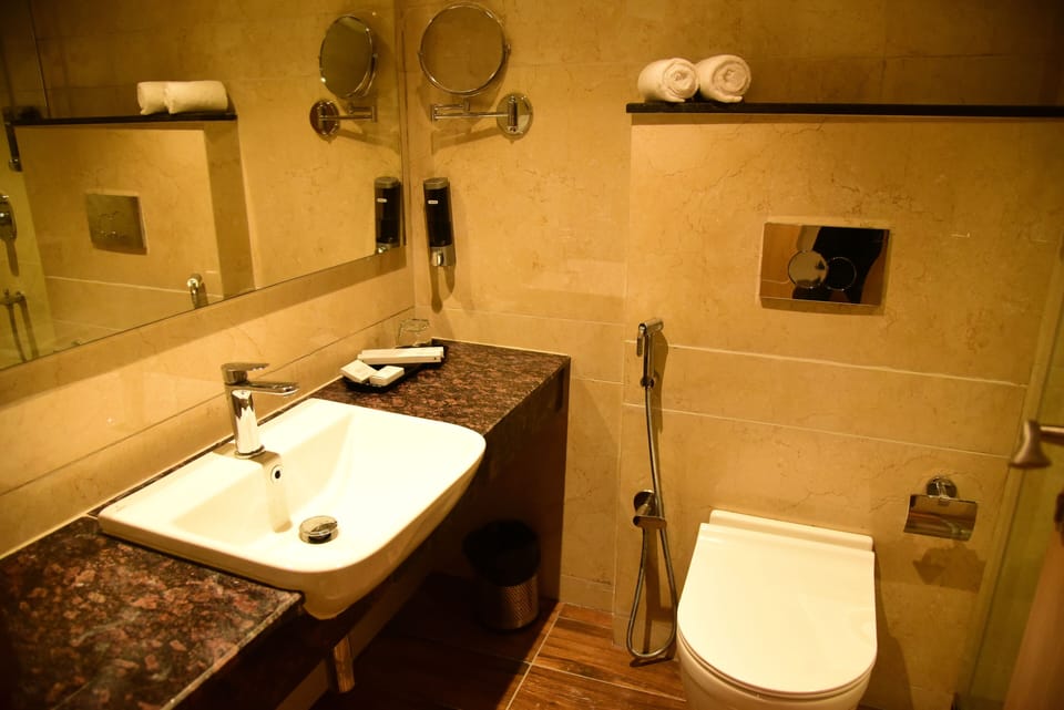 Shower, rainfall showerhead, hair dryer, slippers