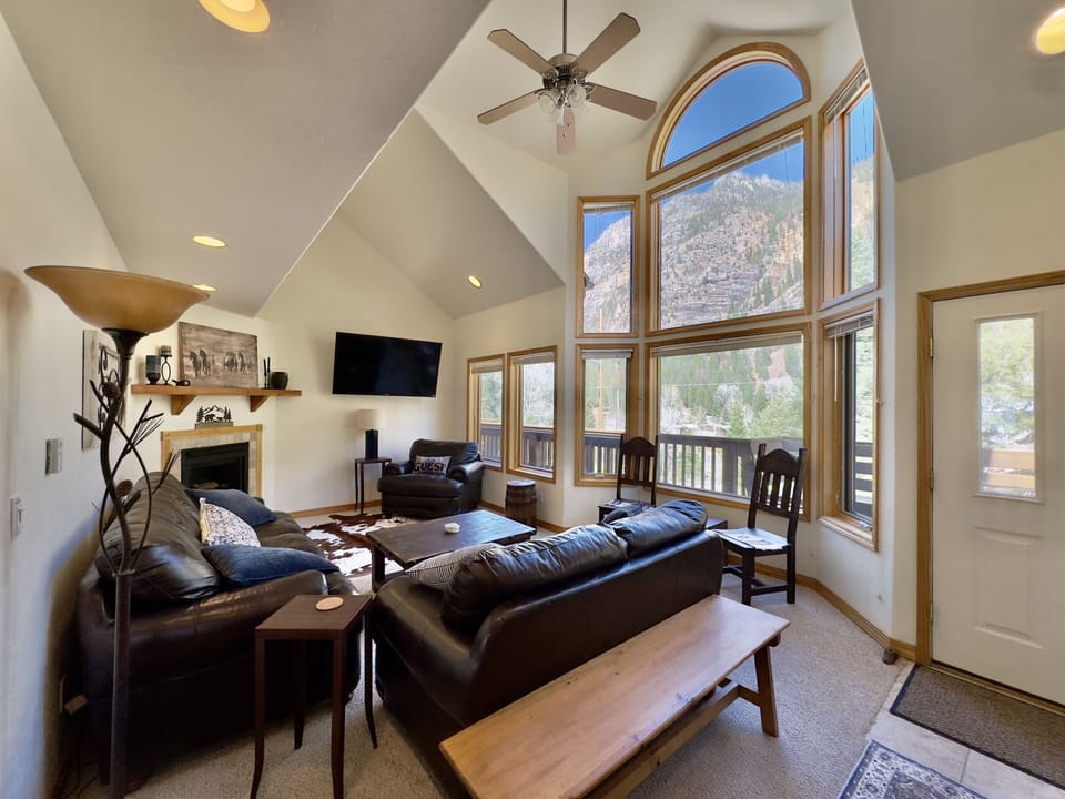 Comfortable living room with mountain views in Ouray: cozy, inviting, and picturesque.