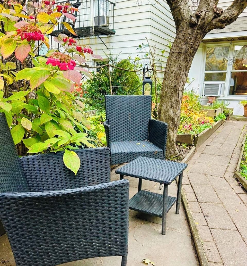 Relax under the cherry tree in your peaceful rustic farmhouse backyard