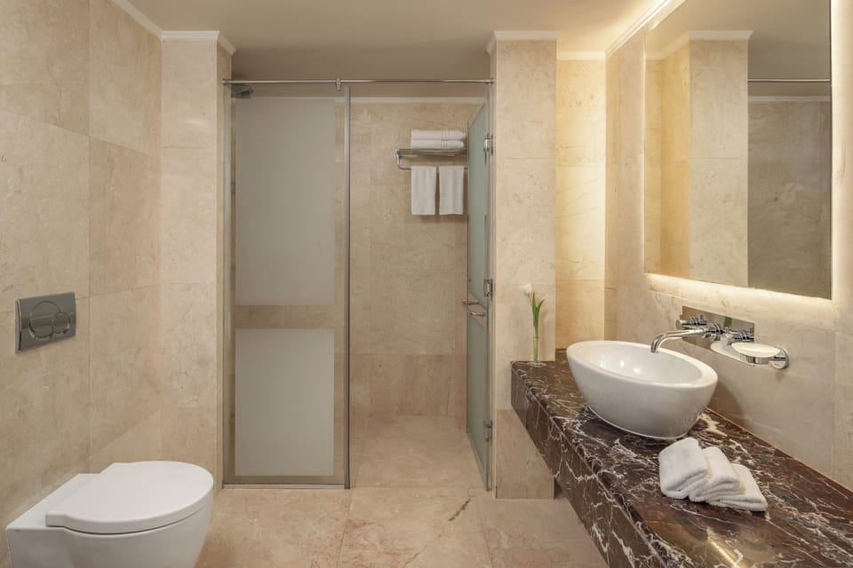 Combined shower/tub, free toiletries, hair dryer, bathrobes