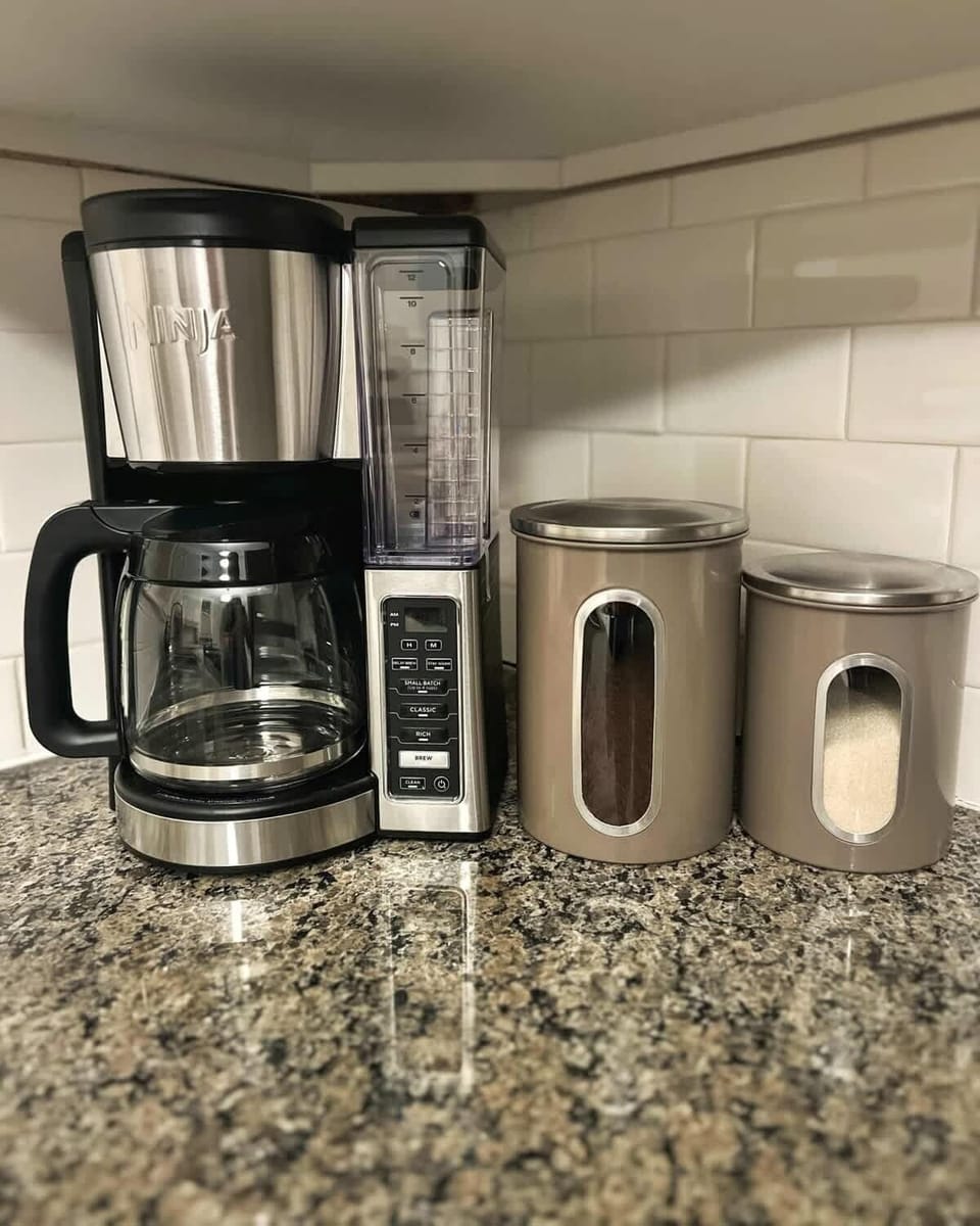 Good Quality Columbian coffee, sugar and creamers are stocked to start your morning off right