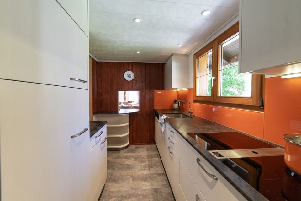 Modern kitchen with an orange splashback and a window front