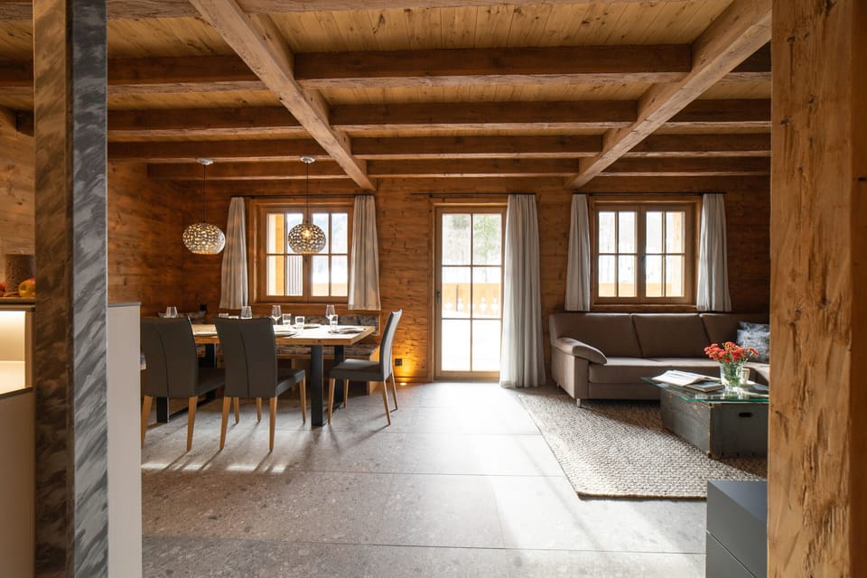 Bright living and dining area with wooden interior