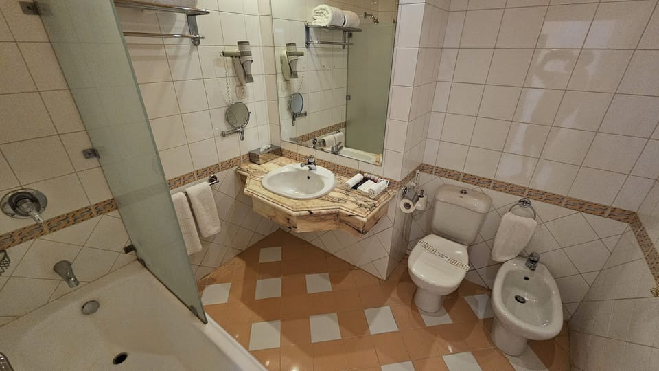 Bathtub, hair dryer, bidet, towels