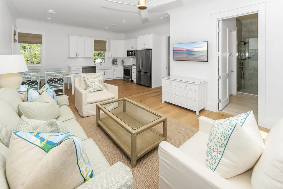 Harp's Haven Carriage House - Rosemary Beach - Living, Dining, and Kitchen Area
