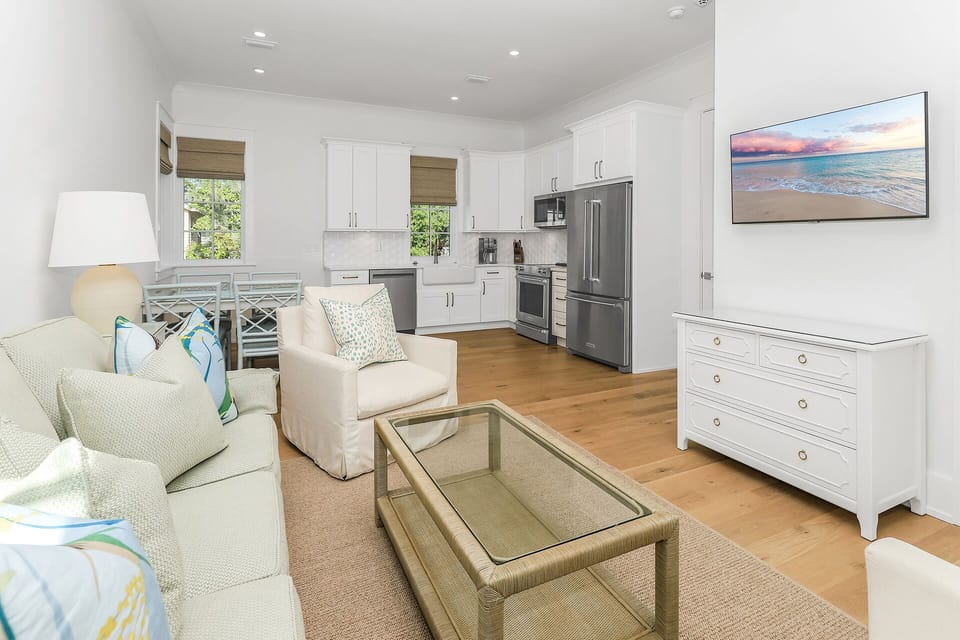 Harp's Haven Carriage House - Rosemary Beach - Living, Dining, and Kitchen Area